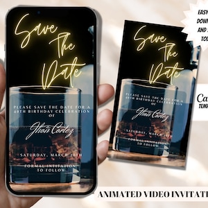 Digital Men's Birthday Save the Date Invitation, Electronic Birthday Save the Date, Whiskey, Editable Template, Text Evite, Instant Download