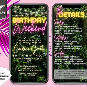 Digital Itinerary Template for Birthday Weekend - Itinerary Trip with Pink Neon Greenery - Editable Invitation, Instant Download Available