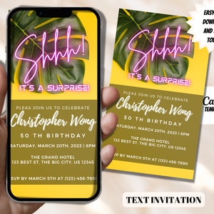 Digital Monstera Surprise Birthday Invitation, Electronic Surprise Birthday Invite, Pink Neon, Editable Template, Evite, Instant Download