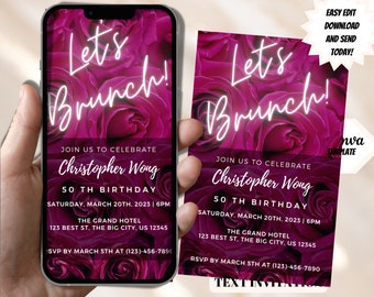 Floral Birthday Brunch Invitation, Pink Neon Theme (Digital Download)