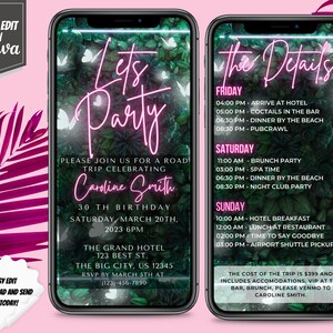 Digital Itinerary Template for Birthday Weekend - Let&#39;s Party with Pink Neon Greenery - Editable Invitation, Instant Download Available