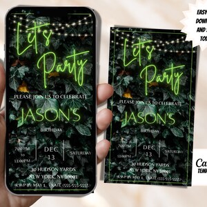 Digital Green Birthday Party Invitation, Electronic Birthday Invite, Editable Template, Text Invite, Evite, Instant Download, self edit