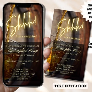 Electronic Men's Surprise Birthday Invitation, Digital Surprise Party Invite, Neon Sign Whiskey, Editable Template, Evite, Instant Download