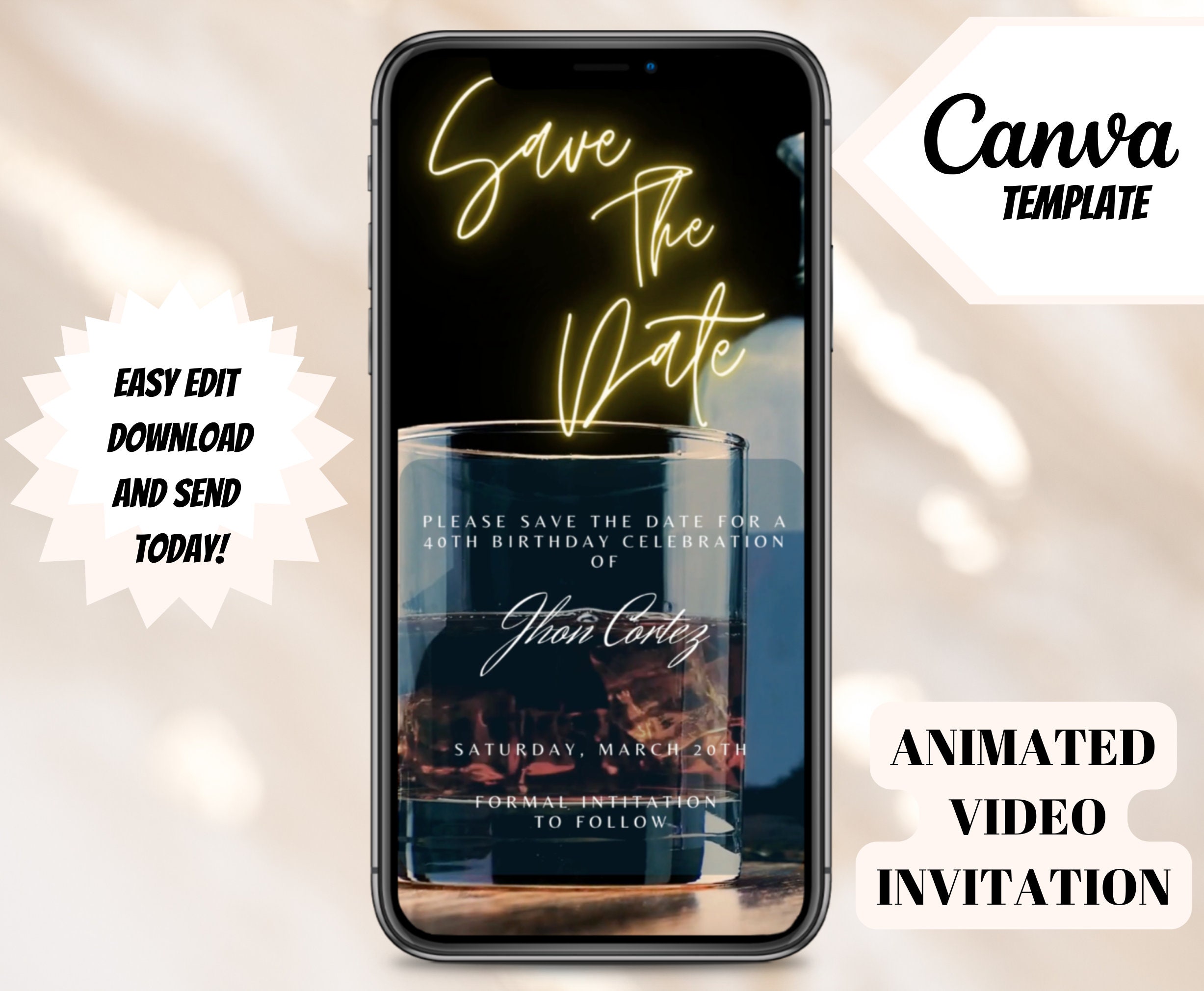 Whiskey Birthday Save The Date Electronic Invitation canva Template 