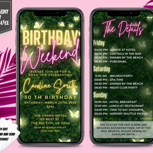 Birthday Weekend Invitation and Itinerary Template, Pink Neon, Butterflies Neon, Greenery Card, Instant Download PNG, PDF, more.