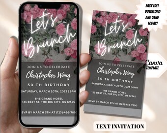 Floral Birthday Brunch Invitation, White Neon, Editable e-vite (Digital Download)