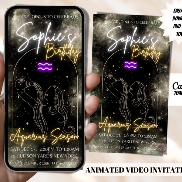 Aquarius zodiac sing Video Invitation - Birthday Party Invitation Animated Digital Invite- Printable- instant download- mobile invitation