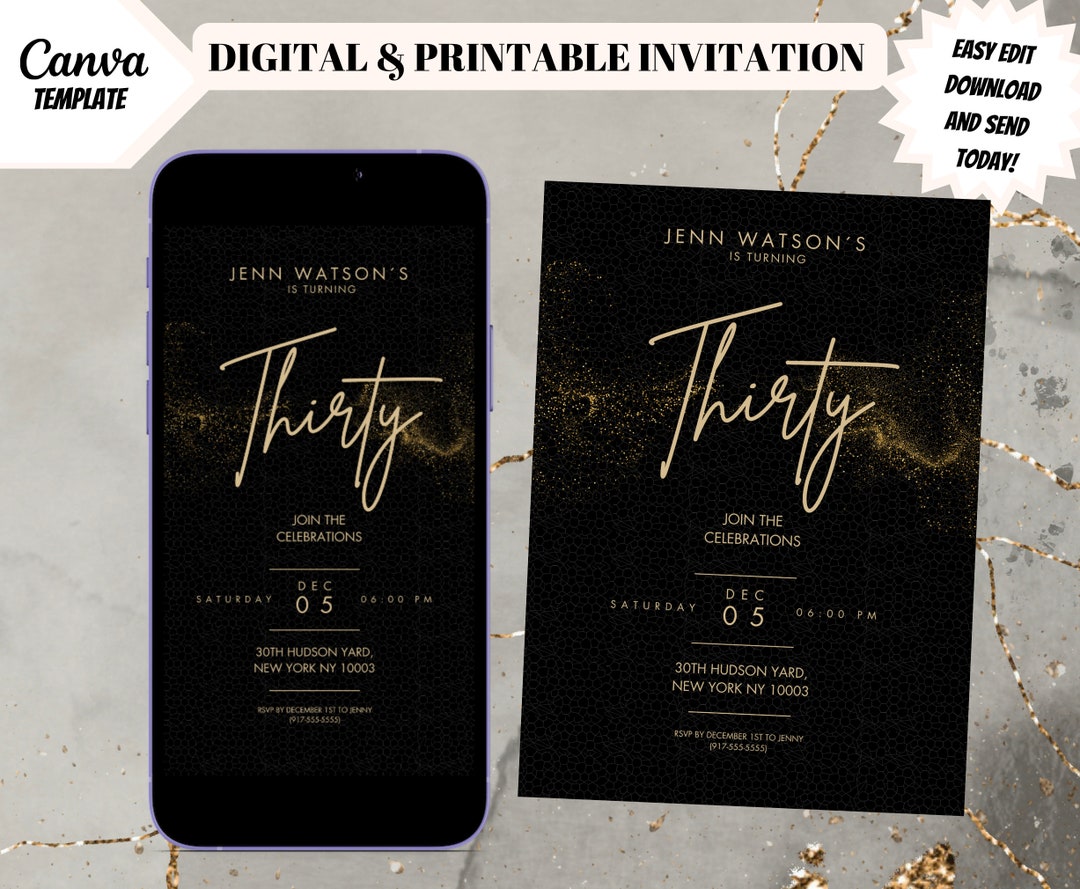 Black and Gold Birthday Invitation Template – Any Age (digital Download ...