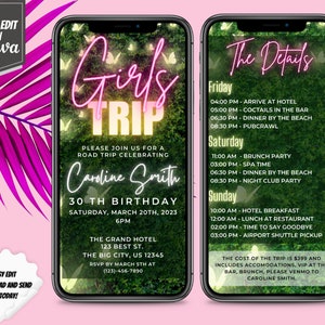Editable Girls Trip Birthday Itinerary Template - Digital Greenery Weekend Plan, Instant Text Evite