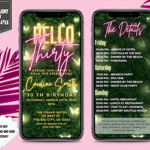 Digital Itinerary Template for 30th Birthday Party- Hello Thirty with Pink Neon Greenery - Editable Invitation, Instant Download Available