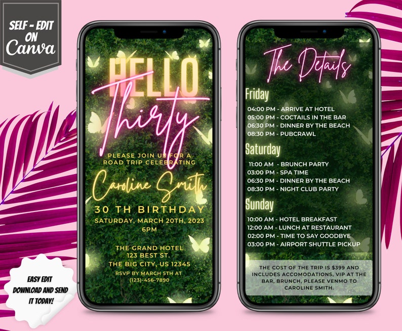 Digital Itinerary Template for 30th Birthday Party Hello Thirty With ...
