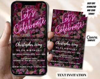 Pink Neon Floral Birthday Invitation, Electronic Template (Digital Download)