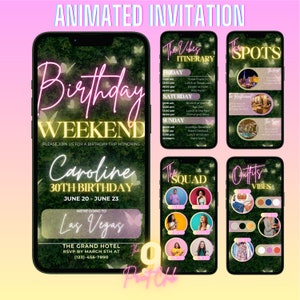 Digital Birthday Weekend Invitation, Animated Travel Itinerary, Girls Pink Vacation Schedule Trip Evite, Editable Planner Template
