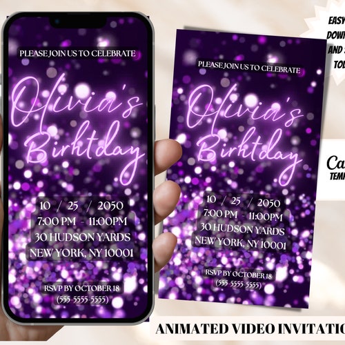Purple Glitter Invitation Card Create Invitation - Etsy Purple Glitter Invitation Card Create Invitation - Etsy