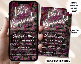 Pink Neon Floral Birthday Brunch Invitation, Electronic Invite (Digital Download)