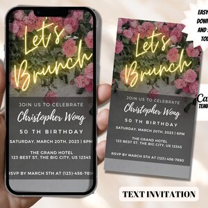 Digital Yellow Floral Birthday Brunch Invitation, Electronic Birthday Brunch Invite, Let&#39;s Brunch, Editable Template, Instant Download