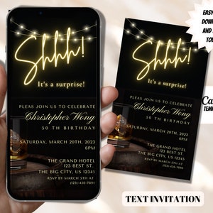Electronic Men's Surprise Birthday Invitation, Digital Surprise Party Invite, Neon Sign Whiskey, Editable Template, Evite, Instant Download