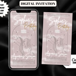 Aquarius zodiac sign Invitation - Birthday Party Invitation Digital Invite- Printable- instant download- mobile invitation- self edit