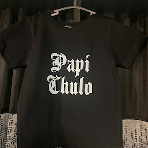 May include: Black short-sleeved t-shirt with the words "Papi Chulo" in white, gothic-style lettering. The shirt is hanging on a gray hanger against a dark background. The shirt is made of a soft material.