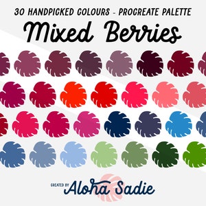 Pode incluir: Uma paleta de cores digital para Procreate com 30 cores escolhidas à mão inspiradas em bagas misturadas. A paleta é intitulada "Mixed Berries" e foi criada por Aloha Sadie.