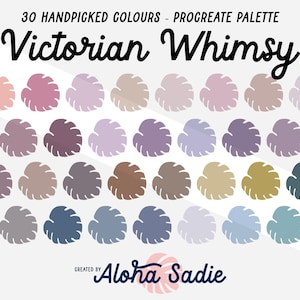 May include: A digital colour palette with 30 handpicked colours for Procreate, titled "Victorian Whimsy" with a leaf design in each colour swatch. Created by Aloha Sadie.
