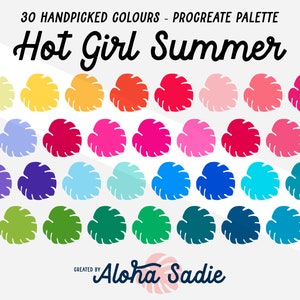 May include: A digital colour palette with 30 handpicked colours, titled "Hot Girl Summer" and created by Aloha Sadie. The colours are arranged in a grid of leaves, with a gradient from yellow to blue.