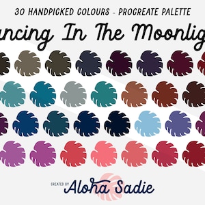 May include: A digital color palette for Procreate called "Dancing In The Moonlight" with 30 handpicked colors. The colors are displayed in a grid of 5 rows and 6 columns, each color represented by a stylized leaf shape. The palette was created by Aloha Sadie.