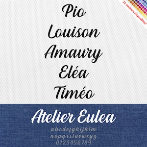 以下が含まれることがあります： デニムの背景に、Atelier Euleaというフォントデザイン。フォントは筆記体スタイル。アルファベットと数字は小文字で表示されています。