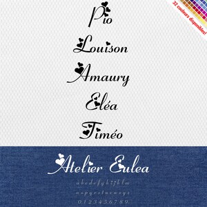 以下が含まれることがあります： 「Atelier Eulea」という名前のデジタルフォントデザインで、筆記体スタイルです。フォントには小文字、数字、句読点などが含まれています。フォントは青いデニムの背景に表示されています。
