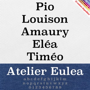 以下が含まれることがあります： 青いデニムの背景に白い文字で「Atelier Eulea」と書かれています。テキストの下には白いアルファベットと数字があります。デニムの背景の上には白い背景に黒い文字で「Pio」、「Louison」、「Amaury」、「Eléa」、「Timéo」と書かれています。