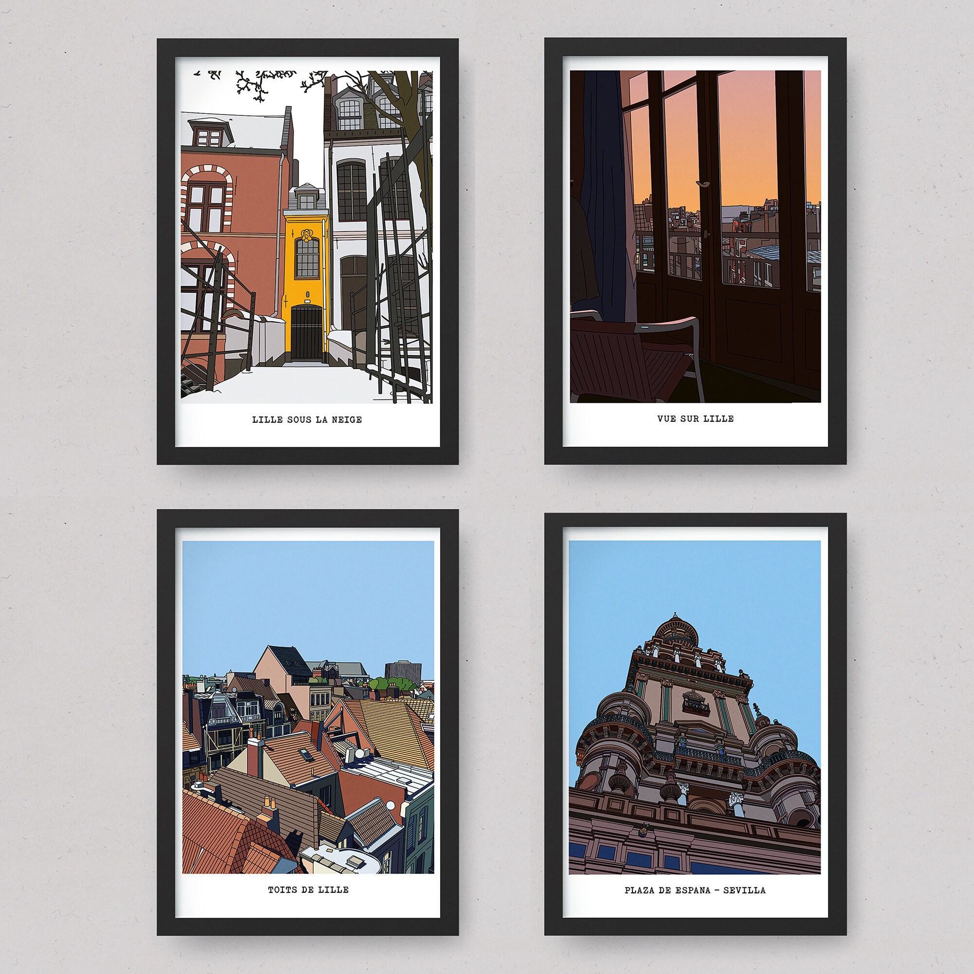 Print Affiches Colorées Ville sur L'architecture de Lille et Séville Pour La Décoration Murale