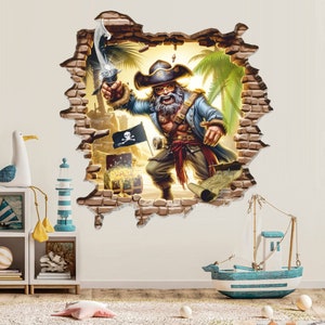 Sticker mural pirate, sticker mural, papier autocollant, tatouage mural, au trésor, carte au trésor, aventures, décoration, art mural 001