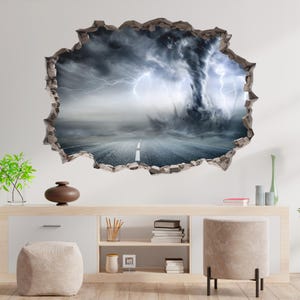 Sticker mural tornade, autocollant mural tempête, tatouage mural 3D vortex d'ouragan, à décoller et à coller, effet mur brisé, décoration ciel d'éclairs