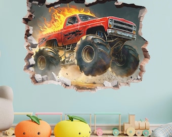 Fire Monster Truck Wall Sticker, OFF Road Truck Wall Decal, Transport, Peel and Stick, Car, Road, Wall Tattoo, Decor, Wall Art 007