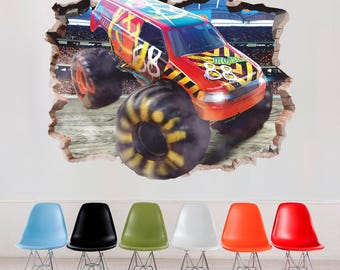 Red Monster Truck Wall Sticker, OFF Road Truck Wall Decal, Transport, Peel and Stick, Car, Road, Wall Tattoo, Decor, Wall Art 016