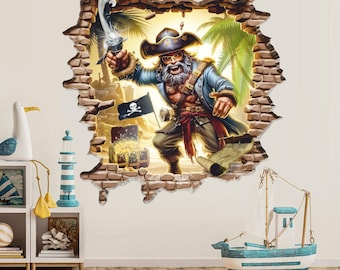 Pegatina de pared pirata, calcomanía de pared, despegar y pegar, tatuaje de pared, tesoro, mapa del tesoro, aventuras, decoración, arte de pared 001