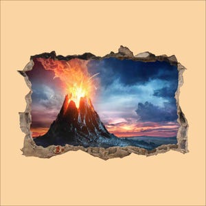 Puede incluir: Un vinilo decorativo 3D con una erupción volcánica. La imagen muestra un volcán arrojando lava y humo contra un cielo dramático. Los bordes de la imagen están enmarcados por un efecto de pared rasgada, creando una ilusión visual.