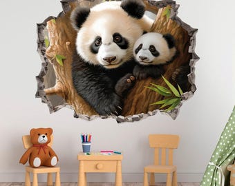 Panda Wall Sticker, Bamboo Bear Wall Decal, Peel and Stick, Wall Tattoo, Pet, Animals, Nature, Decor, Wall Art