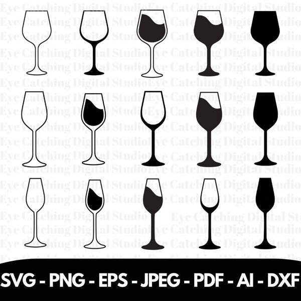 Wine glasses SVG, PNG, Jpg 15 styles! Cricut cut files, silhouette files. Digital download, vector. Instant download. Clipart. DXF, OutlineS