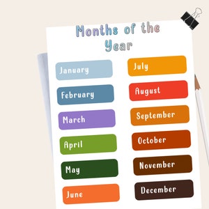Onderwijs leren Posters voor kinderen -Maanden van het jaar Montessori afdrukbare A4, A5, US Letter Formaten - PDF Files