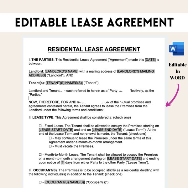 One Page Easy Month to Month Rental Agreement Template, Editable Residential Lease Agreement Microsoft Word PDF, Lease Agreement Template