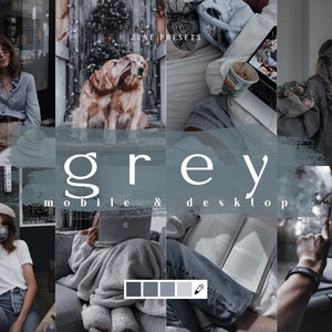 May include: A collage of images showcasing a set of mobile and desktop photo filters called "grey". The images feature people, animals, and everyday scenes in a muted, cool color palette.