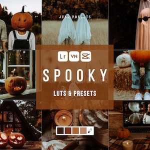 May include: A collage of images featuring Halloween themes, including pumpkins, ghosts, and a cabin. The text "Spooky Luts & Presets" is displayed in the center of the image.
