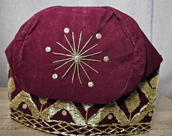 Africa/ Nigeria Traditional Men's Original Maroon/Wine  Velvet with Gold embroidery Men's Cap/Fila. Suitable for all occasions