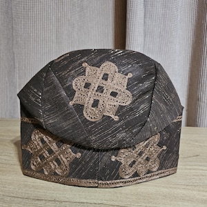 New Nigeria  Dark Brown with Shiny Men&#39;s Aso Oke Cap/Fila with golden brown embroidery.