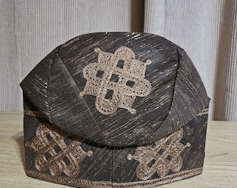 New Nigeria  Dark Brown with Shiny Men&#39;s Aso Oke Cap/Fila with golden brown embroidery.