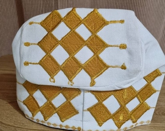 New Nigeria White with Gold embroidery Men&#39;s Fila/ CAP Aso Oke