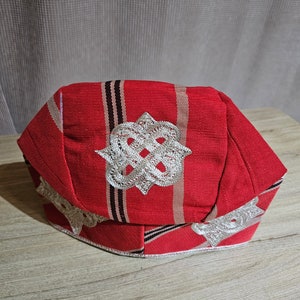New Nigeria Red Aso Oke Men’s Cap/Fila with Embroidery. Matching gele/Ipele are available for women
