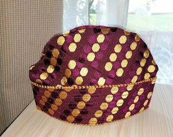 NEW NIGERIAN Maroon with Embroidery Polka Dots Fila Cap Aso Oke Cap