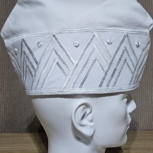 New Nigeria Men's White  fully Embroidered  white Aso Oke Cap/Fila